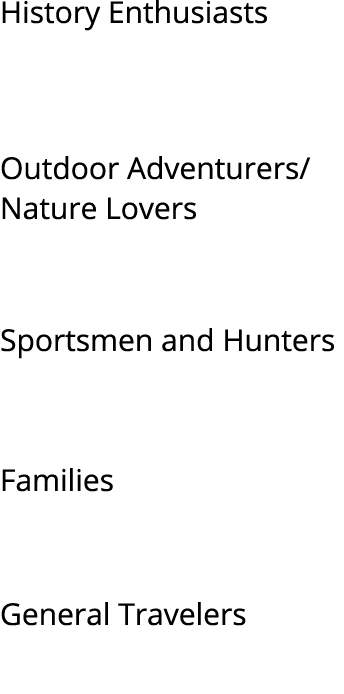 History Enthusiasts Outdoor Adventurers/ Nature Lovers Sportsmen and Hunters Families General Travelers