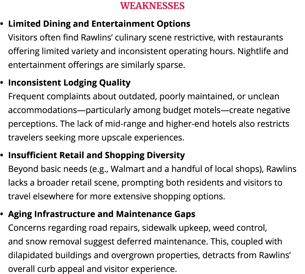 WEAKNESSES Limited Dining and Entertainment Options Visitors often find Rawlins’ culinary scene restrictive, with res...