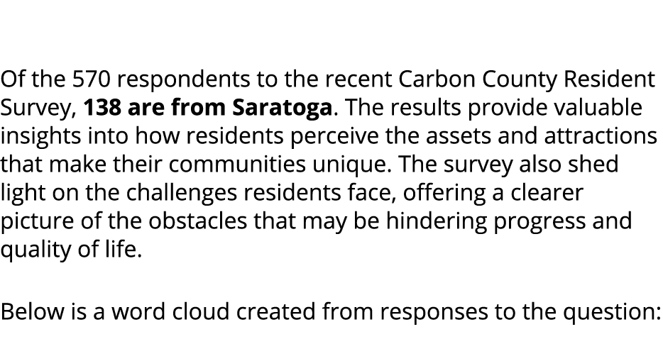  Of the 570 respondents to the recent Carbon County Resident Survey, 138 are from Saratoga. The results provide valua...