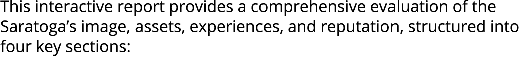 This interactive report provides a comprehensive evaluation of the Saratoga’s image, assets, experiences, and reputat...