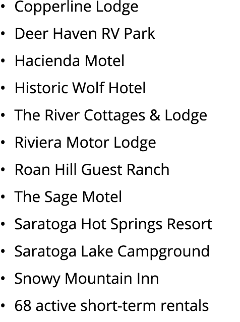 • Copperline Lodge • Deer Haven RV Park • Hacienda Motel • Historic Wolf Hotel • The River Cottages & Lodge • Riviera...