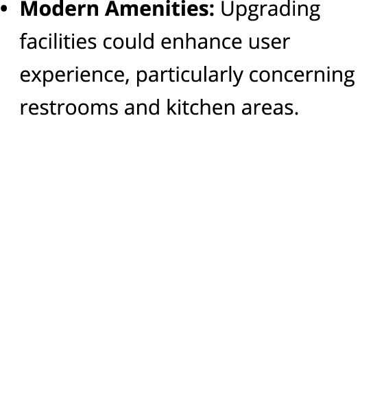 • Modern Amenities: Upgrading facilities could enhance user experience, particularly concerning restrooms and kitchen...