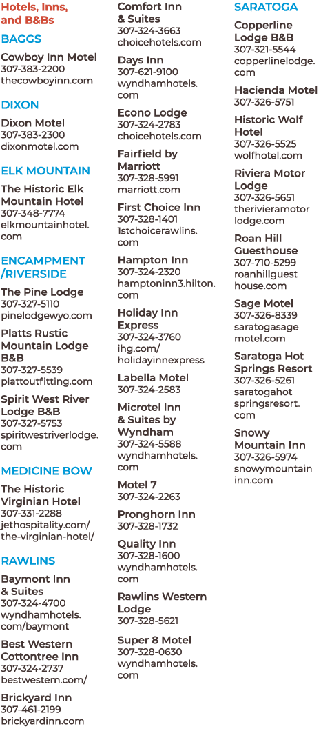 Hotels, Inns, and B&Bs Baggs Cowboy Inn Motel 307 383 2200 thecowboyinn.com Dixon Dixon Motel 307 383 2300 dixonmotel...