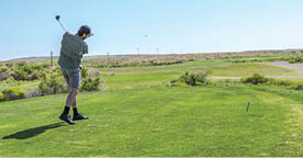 A woman in a pink hat and a grey shirt is holding a golf club and a flag on a golf course. AI generated content